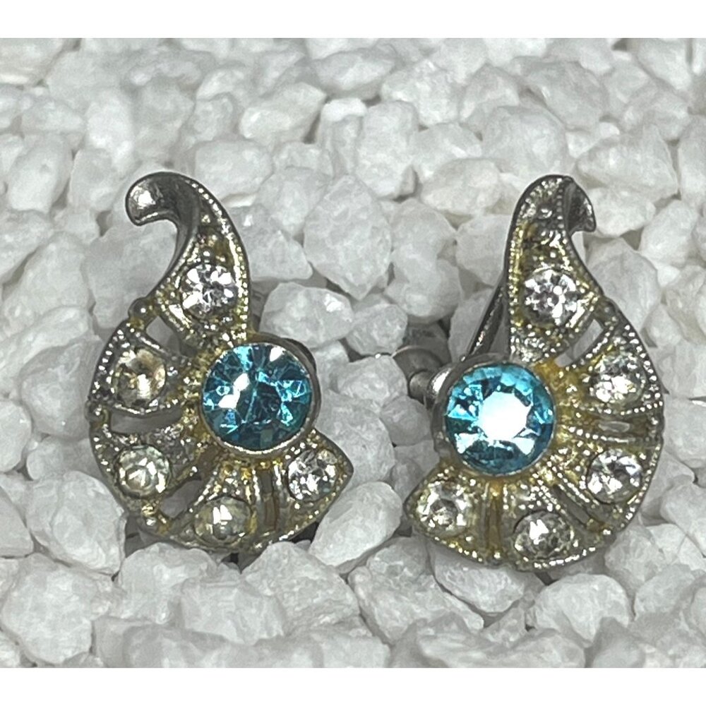 Vintage Nemo Silver-Tone Clear & Blue Rhinestone Screw-Back Earrings